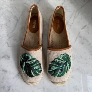 Michael Michael Kors Palm Leaf Sequin Espadrille Flats Beige Green Size 8